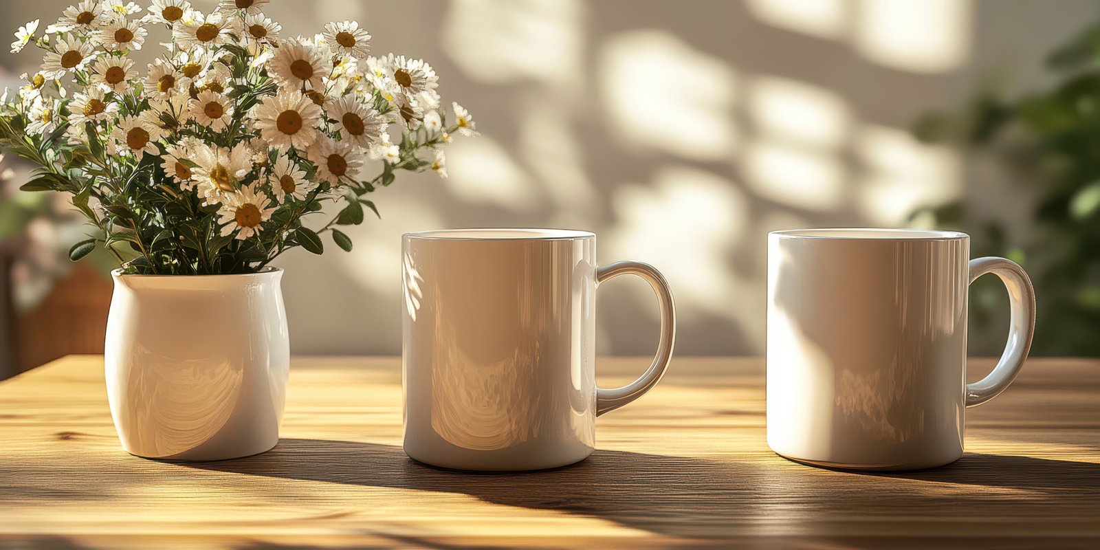 Sunlit table with white coffee mugs and a vase of flowers in a cozy setting during a peaceful afternoon